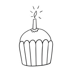 Hand drawn doodle cute cupcake with cream, Black line art isolated on white background