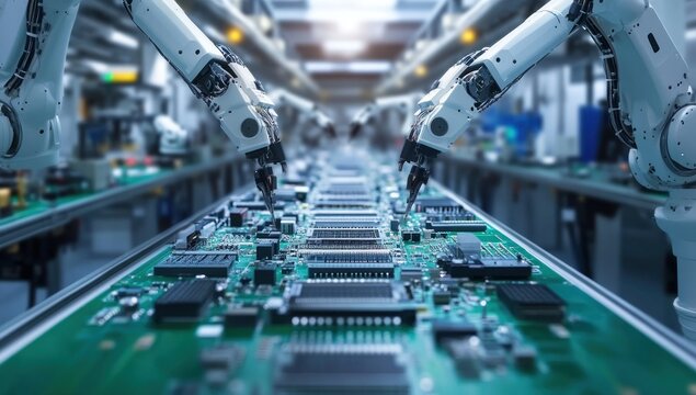 Automated Manufacturing: Robotic Assembly Line Producing Circuit Boards - Powered by Adobe