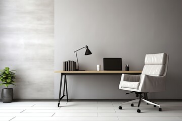 Modern minimalist workspace with a light-gray wall, concrete accent, and a white ergonomic chair. Wooden desk with a laptop, lamp, and books