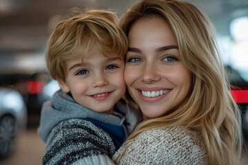 A happy mother with her young son chooses a new car at a car dealership. Buying a car