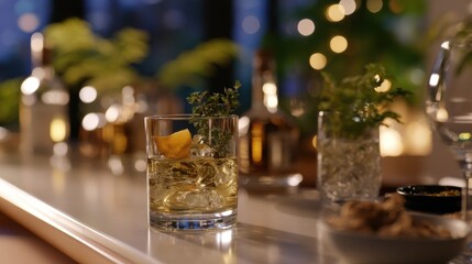 Elegant drink glasses adorned with fairy lights, cozy ambiance for evening gatherings, perfect for celebrations or parties.