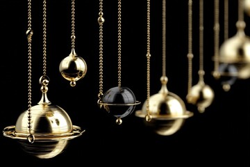 Elegant metallic pendulums hang against a black background, reflecting light and creating a striking, modern visual effect.