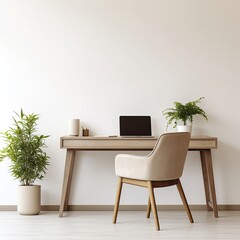 Simple workspace with a light wooden desk, beige chair, and potted plants, against a white wall.  A laptop sits on the desk