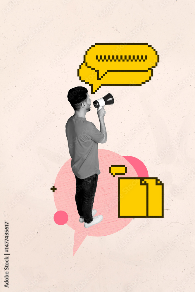 Poster pop image collage of person stand on pastel background with pixel textbox files