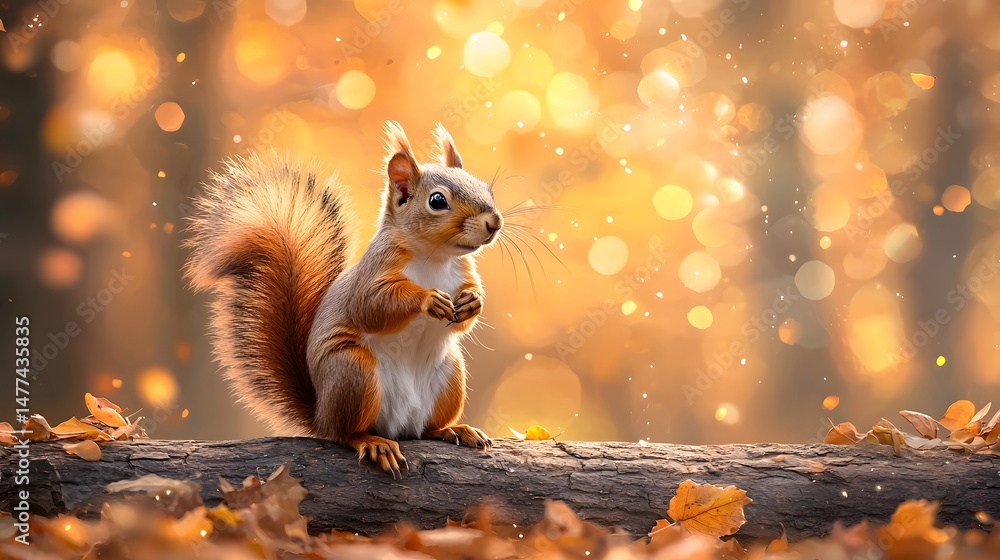 Poster curious squirrel standing on a fallen tree trunk in an autumn forest with golden leaves in the backg