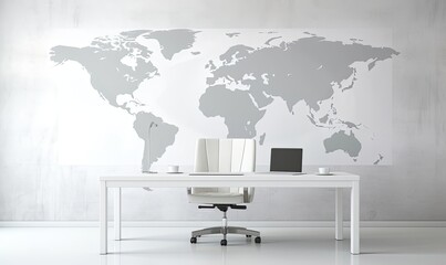 Modern, minimalist office space with a large world map on the wall.  A white desk, chair, and laptop are centrally positioned
