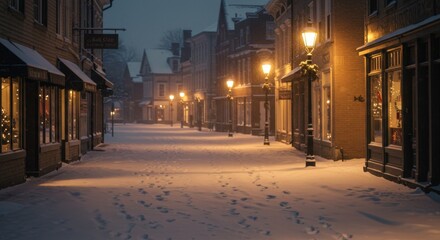 Fototapeta premium Snowy Street Scene at Night with Footprints and Warm Lighting