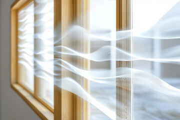 Generative AI image of colorful sound waves flowing through modern apartment window visualizing acoustic energy in bright minimal interior