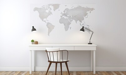 Modern workspace with world map.  White desk, chair, and minimalist design.  Gentle lighting accents the room