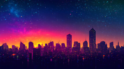 Fototapeta premium Vibrant City Skyline at Dusk with Starry Night Sky and Colors