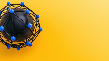 Black Sphere Surrounded by Blue and White Atoms on Yellow Background