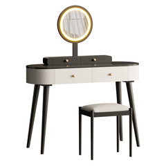 A black and white vanity with a mirror and a white chair