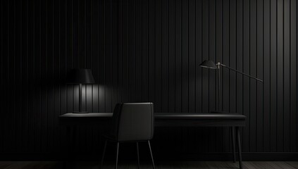 Dark, minimalist workspace with desk, chair, and lamps