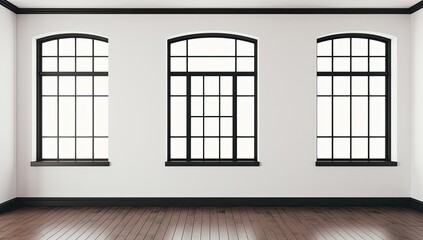 Empty room with three large arched windows.  White walls, dark wood floors, and black window frames.  A simple, elegant interior
