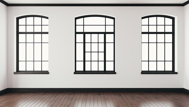 Empty room with three large arched windows.  White walls, dark wood floors, and black window frames.  A simple, elegant interior