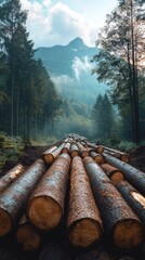 Stacked logs stretch through a misty mountain forest.