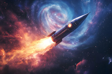Futuristic Rocket Launching Through Colorful Cosmic Nebula Landscape