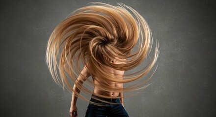 Motion and beauty collide as long, flowing hair creates a mesmerizing spiral around a person against a textured gray background.