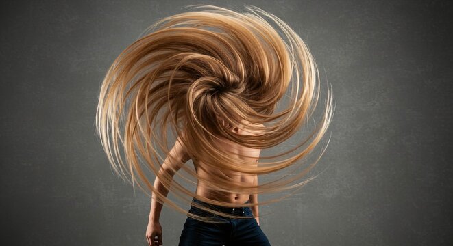 Motion and beauty collide as long, flowing hair creates a mesmerizing spiral around a person against a textured gray background.
