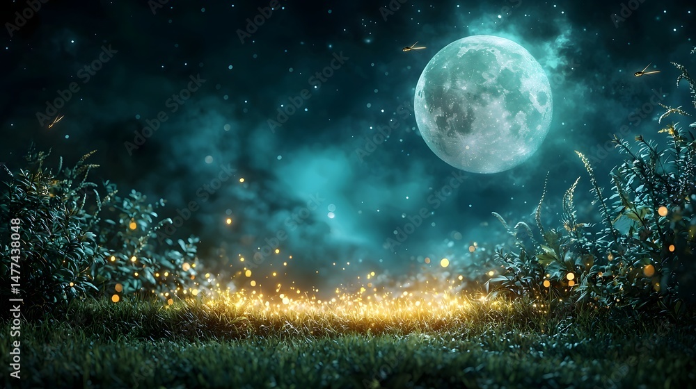 Poster glowing fireflies fluttering amidst the trees in a dark moonlit forest create a captivating ethereal