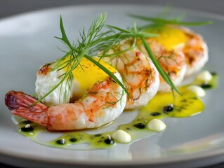 Sophisticated gourmet shrimp dish plated elegantly with delicate herbs and rich egg yolk showcasing culinary artistry and vibrant colors for a refined dining experience