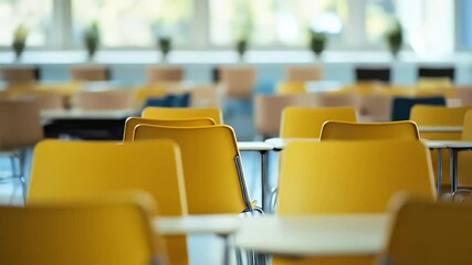 Sunlit Cafeteria with Rows of Yellow Chairs and Tables Arranged Neatly Against a Bright Background and Large Windows