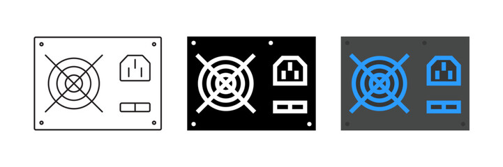 Vector icon set depicting power supplies, perfect for computer and energy designs.