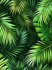 Obraz premium Lush tropical foliage featuring palm fronds and monstera leaves in a vibrant green color palette close up