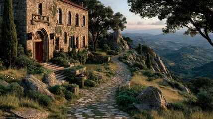 Fototapeta premium Stone building on hillside pathway