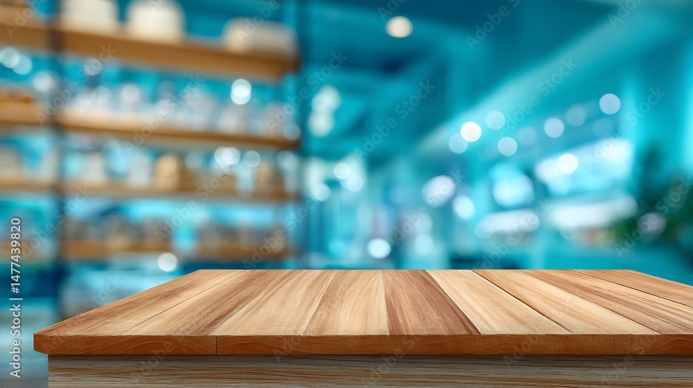 Poster Wooden or stage counter top for product distlay showcase template with blur office space bokeh background in blue color tone