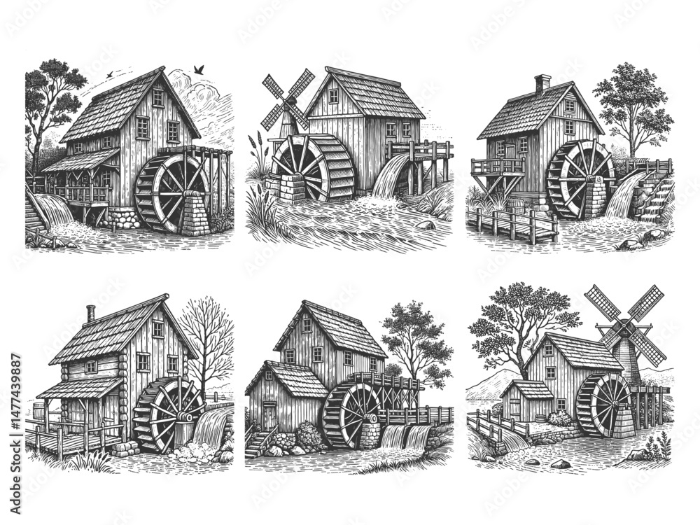 Poster watermills and windmills by rivers and streams set collection bundle sketch engraving generative ai 