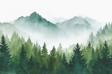 Fototapeta premium Watercolor green forest with misty mountains in the background during early morning hours creates a serene and tranquil atmosphere for nature lovers
