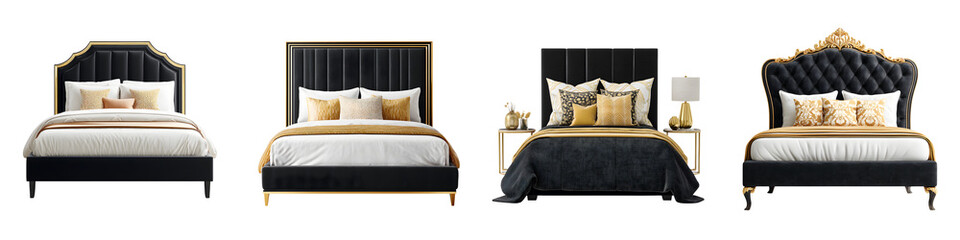 Luxurious and stylish bedding designs showcasing four elegant beds with gold accents, plush fabrics, and a modern aesthetic, perfect for upscale interior decoration