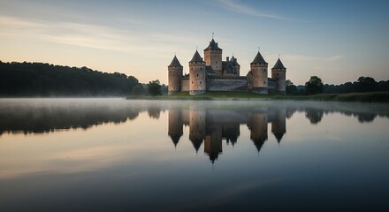 Naklejka premium Castle in Lake at Sunrise with Reflection
