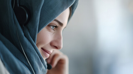 Fototapeta premium Middle Eastern woman wearing a hijab, working as a customer service representative, smiling with a headset on, clean white office background