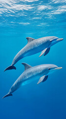 Obraz premium Dolphins swim gracefully together in clear blue ocean waters, showcasing their agility and intelligence beneath the surface in a vibrant marine environment