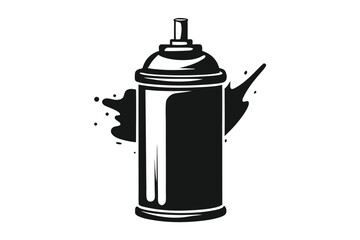 Black monochrome spray can with paint splatter stands alone on a white background