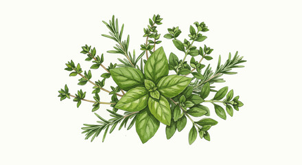 Elegant Botanical Illustration Showcases A Vibrant Assortment Of Fresh Culinary Herbs Including Basil Thyme And Rosemary Arranged In A Visually Pleasing And Aromatic Composition