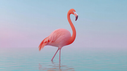 Fototapeta premium Flamingo wading in tranquil waters at sunrise with pastel-colored sky reflecting on the surface