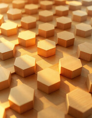 An artistic and visually striking arrangement of hexagonal wooden blocks, capturing the intricate play of light and shadow. The image showcases an aesthetic of minimalism and a tactile texture.