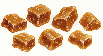 A Watercolor Illustration Showcases Seven Delightful Jaggery Chunks Arranged Against A Clean White Background Capturing Their Rustic Texture And Inviting Amber Hues With Soft Painterly
