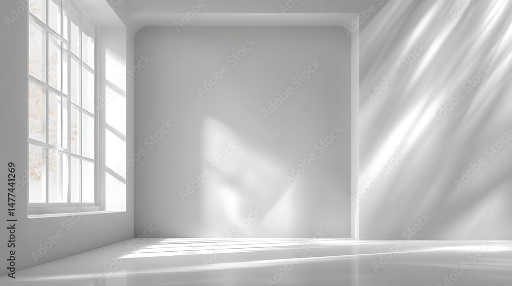 Aufkleber White wall with reflection light falling of from the window, minimal universal abstract light white background for product showcase, template mock, up