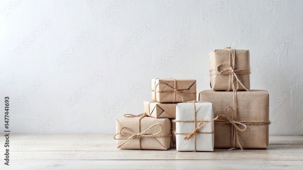 Poster a collection of simply wrapped presents arranged on a light wooden surface against a neutral backdro