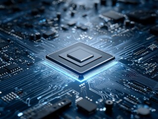Glowing Blue Processor On Circuit Board Advanced Technology