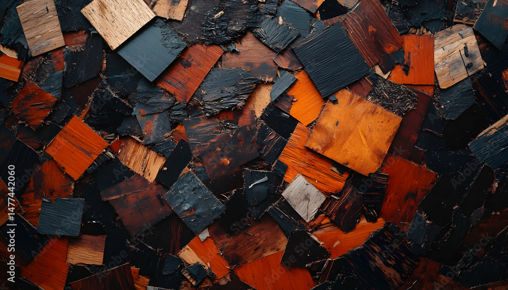 Poster abstract background of multicolored wood scraps, showcasing textures and patterns. ideal for design 
