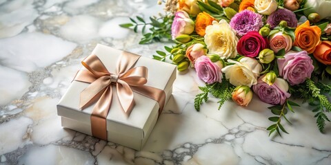 A delicately wrapped gift box with a satin ribbon rests beside a vibrant bouquet of assorted flowers on a marble surface