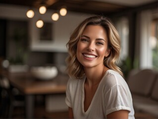 portrait showcasing the harmony of a woman's beauty and a white smile in her home environment