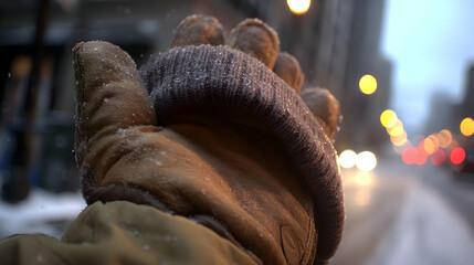 firm grip with blurred city lights in evening background