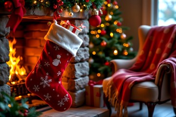 "a christmas stocking hung by a crackling fireplace, stuffed with small gifts and candy, soft firelight flickering on the fabric, shot with a 50mm lens at f/2
