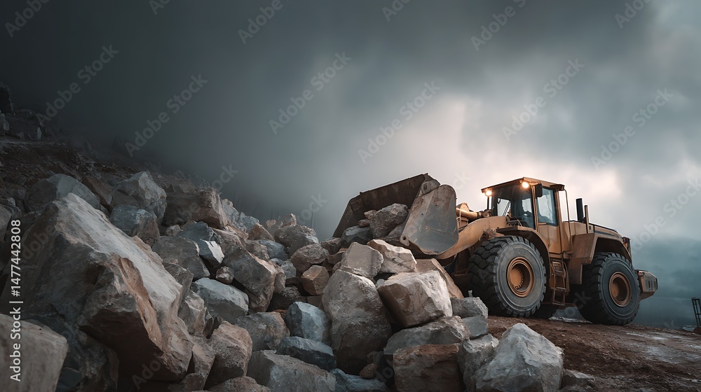 Poster Wheel loader machine uploading rocks
